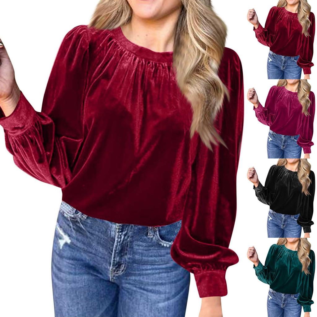 Women's Loose Gold Velvet Solid Color Pullover Round Neck Long Sleeve Top Casual Shirt