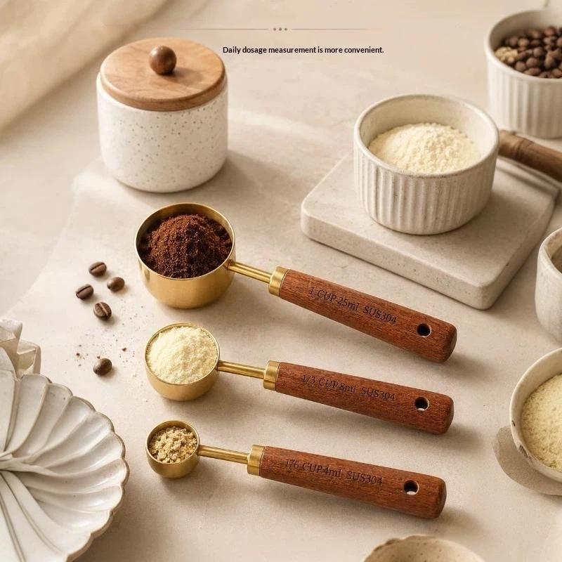 Rust Proof Coffee Measuring Spoons 304 Stainless Steel with Natural Wood Handle for Home Kitchen Brewing Baking