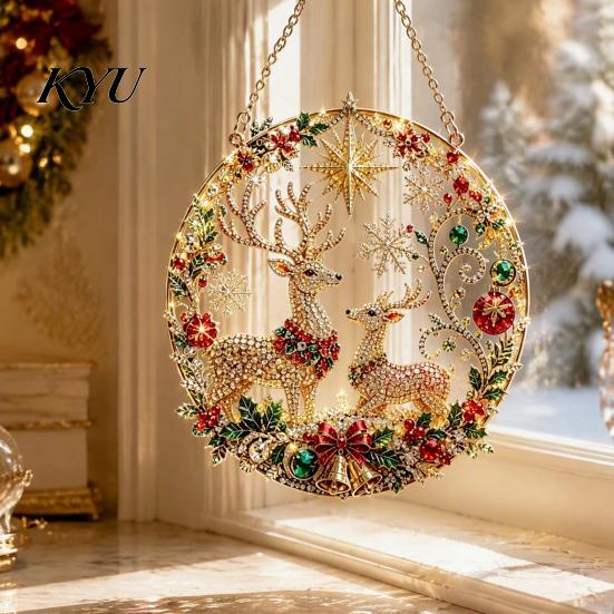 Round Acrylic Base Craft Christmas Faux Diamond Art Ornament Kit, Santa Angel Sun Catcher DIY Claus Crafting Project Board, 3D Bead Kit for