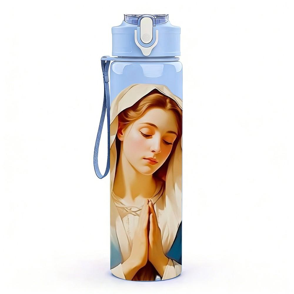1PC Virgin Mary Praying Religious Print 750ml Color Plastic Sports Water Bottle Leakproof Flip Straw Lid Suitable for Sports Office Home Use