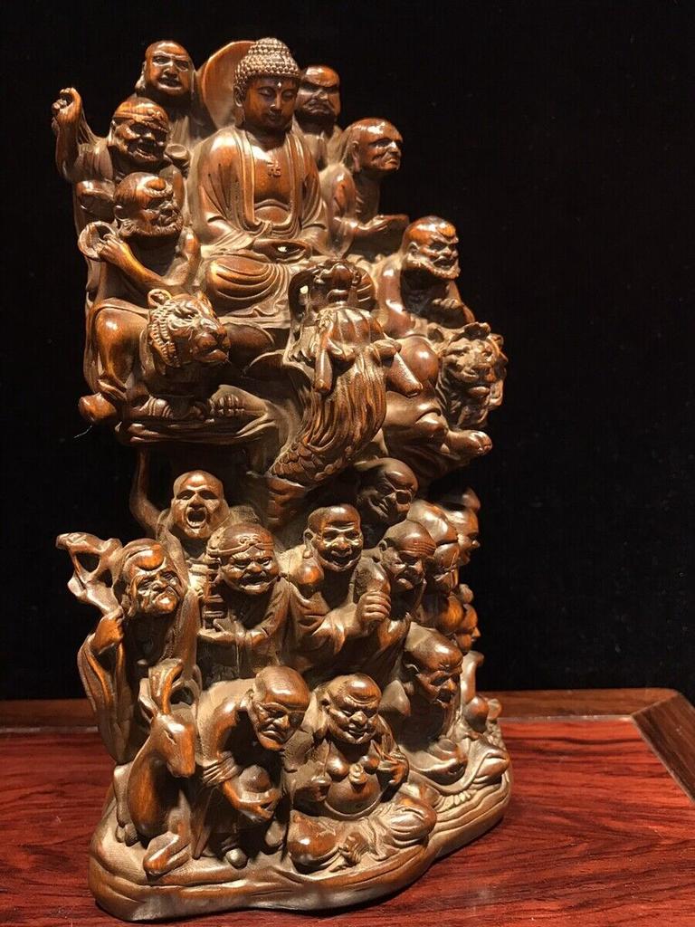Vintage Antique Wooden Buddha Statue Wood Carved Arhat 18 Buddhist Saints Decor