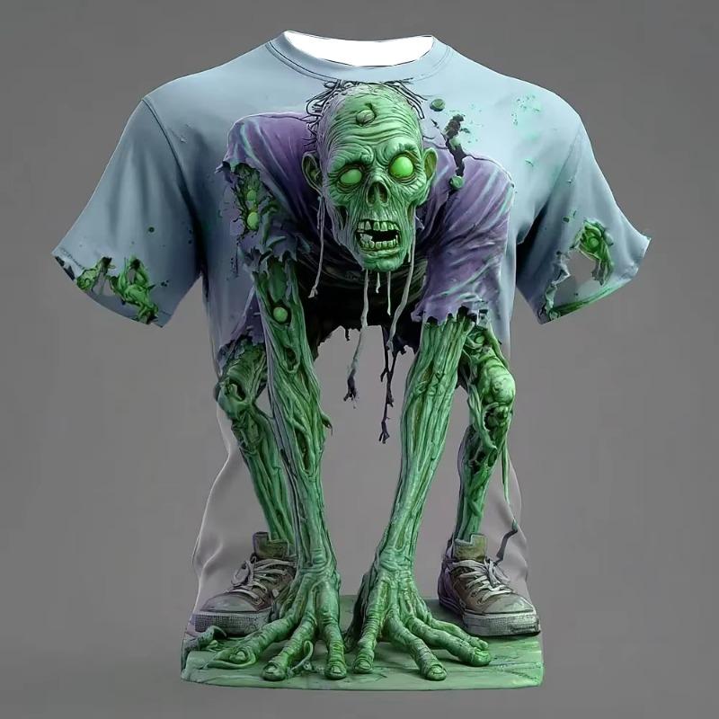 2026 New Horror Zombie 3D Halloween Visual Illusion T-Shirt Outdoor Street Role-Play Casual Short-Sleeved Shirt Moto
