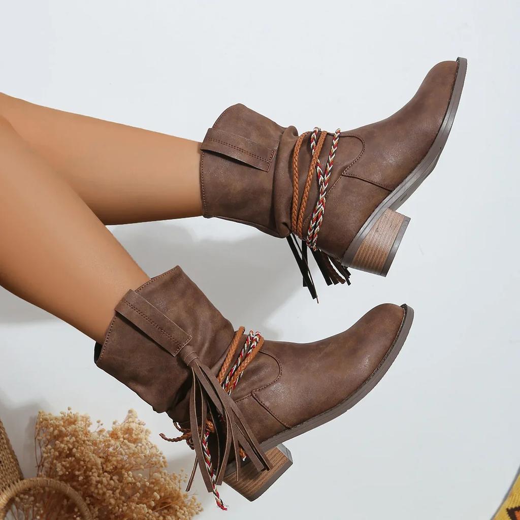 Pirate Boots Woman Pleated Tassel Mid-calf Boots Women Pointed Toe Chunky Heel Short Boots Female Slip-on Boots Plus Size 43