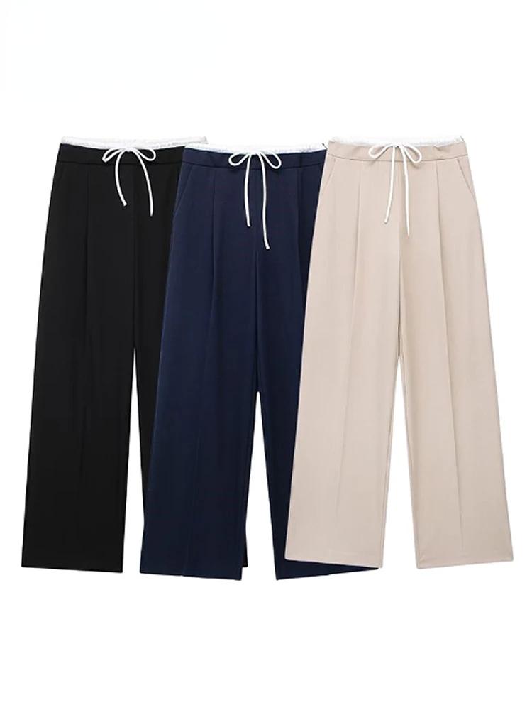 Однотонные женские черные брюки с высокой талией, однотонные широкие брюки с эластичной резинкой на талии, женские модные повседневные свободные брюки на шнуровке, уличная одежда