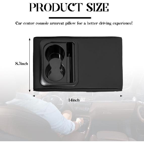 Car Center Console Armrest Pillow, 14"×8.3" Leather Memory Foam Armrest Cushion with Cup Holder & Phone Holder, Waterproof Middle Console Cover Box