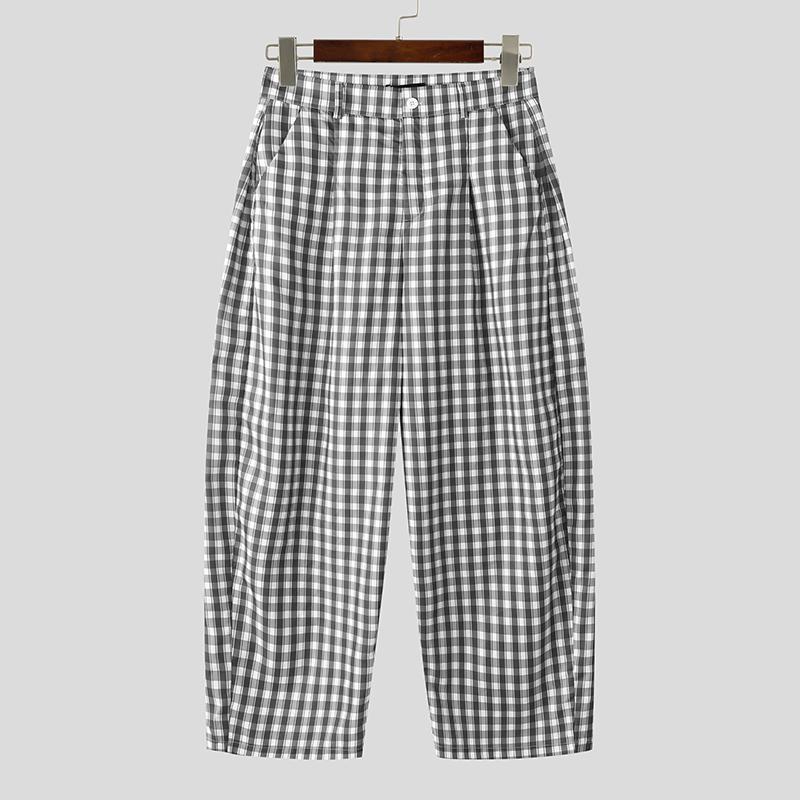 INCERUN Men Casual Loose Zip-up Waist Plaid Nonelastic Wide Legs Pants Long Trousers