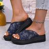 Summer New European and American Fashion Fish Mouth Wedge Fashion Slippers Foreign Trade Large Size Women's One-character Denim Sandals