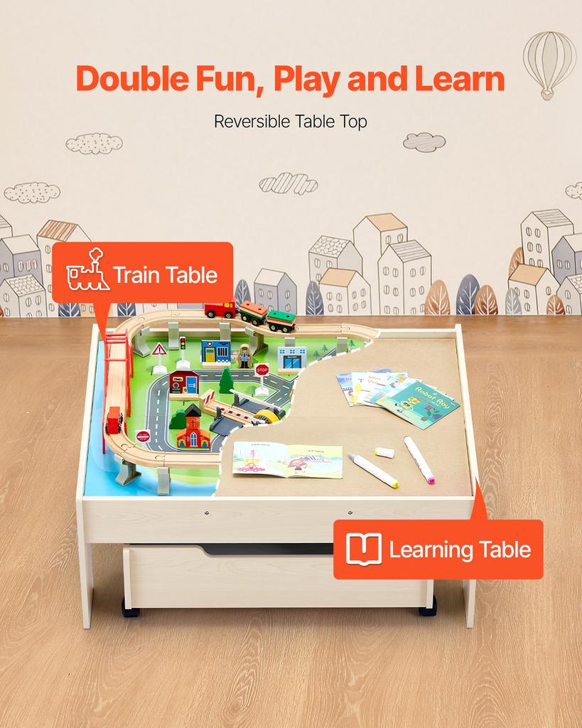 VEVOR Train Table, 100 Multicolor Pieces Wooden Kids Activity Table with Rolling Storage Drawer, 3-in-1 Wooden Train Set for Gaming, Drawing, Reading