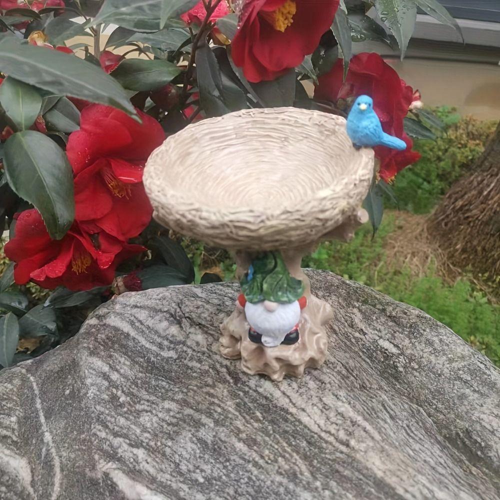 Resin Bird Feeder Dwarf Design Bird Water Bowl Fairy Garden Decoration Art Statue  Outdoor