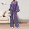 2 шт./компл., женская рубашка, брюки, комплект, кардиган на шнуровке, блузка с длинными рукавами, широкие брюки, полная длина, домашняя одежда, повседневный наряд, пижамный костюм