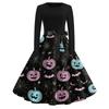 Womens Casual Halloween Print Vintage Style Dress Long Sleeve Round Neck A-Line Skirt Midi Length with Ribbon Waist Tie