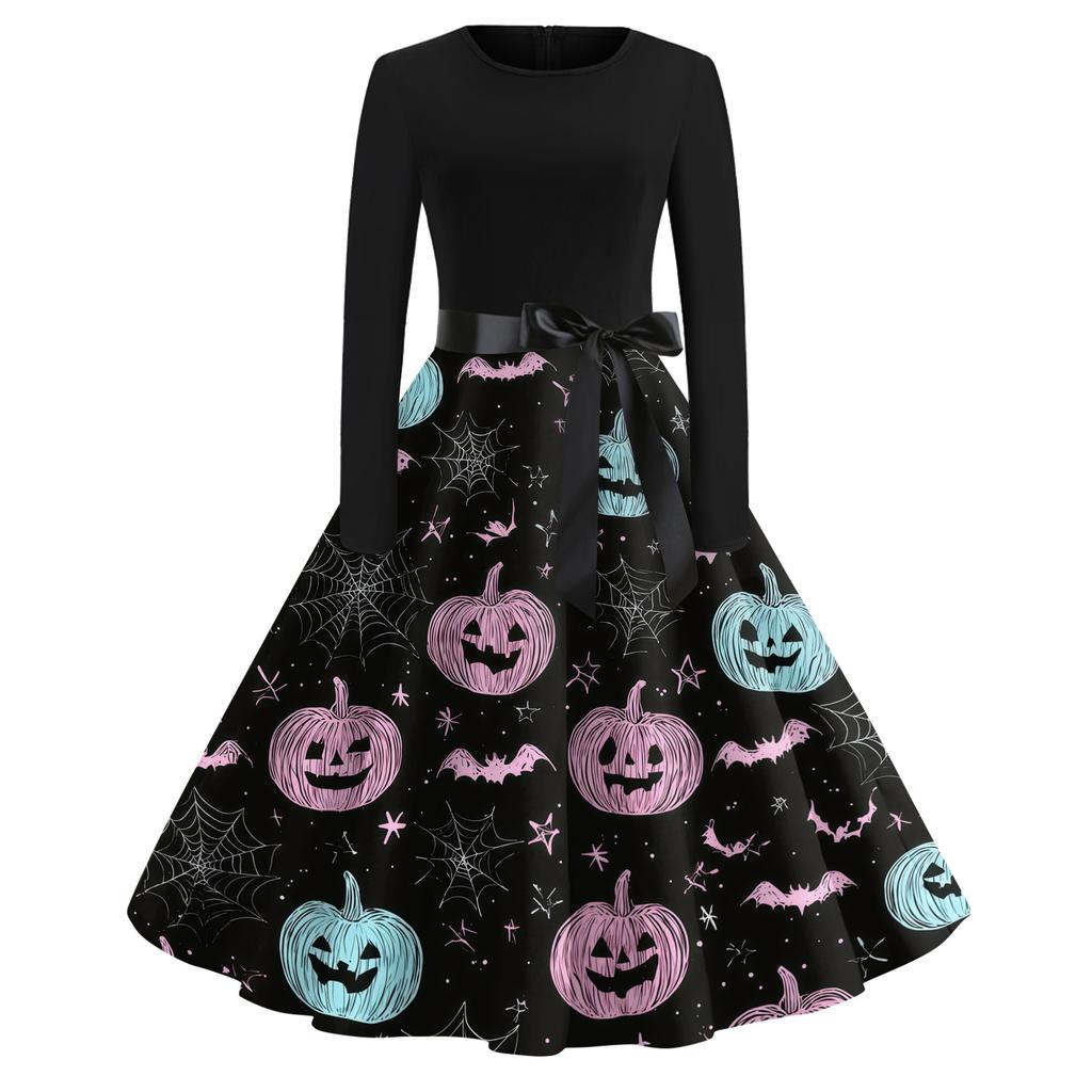 Womens Casual Halloween Print Vintage Style Dress Long Sleeve Round Neck A-Line Skirt Midi Length with Ribbon Waist Tie