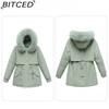 BITCED Women's Winter Mid-Length Cotton Coat with Fleece Lining, Large Fur Collar, Plus Size, Short Waist-Defining Jacket