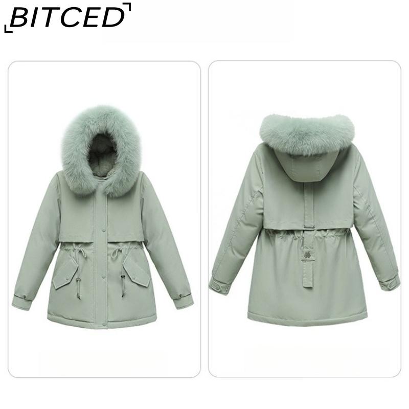 BITCED Women's Winter Mid-Length Cotton Coat with Fleece Lining, Large Fur Collar, Plus Size, Short Waist-Defining Jacket