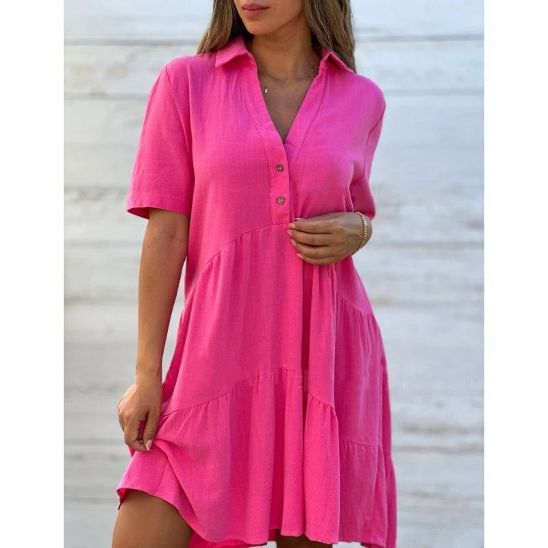 IHUASU Women's Fashion Summer Spring Solid Color Print Short Sleeve V-Neck Casual DressesElegant
