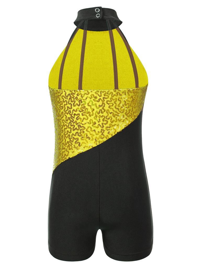 Детский купальник для балета и танцев с блестками, короткий комбинезон с бретелькой на шее, Biketard, джаз, одежда для латинских танцев, танцевальная одежда