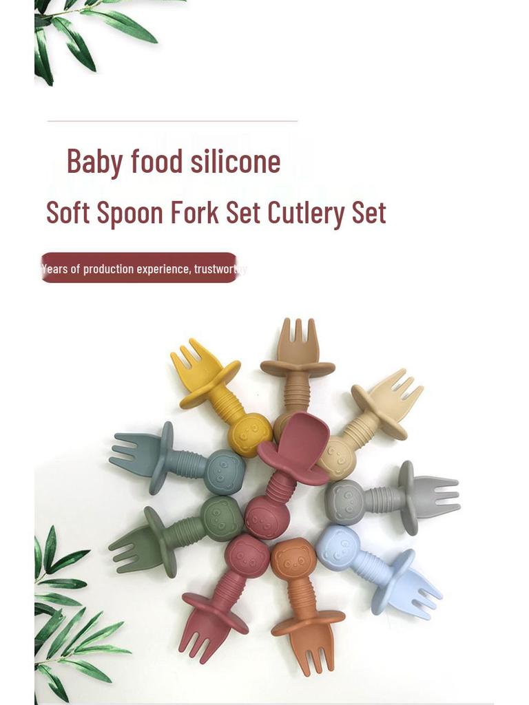 Cartoon Little Bear Silicone Fork and Spoon Set for Children's Eating Training