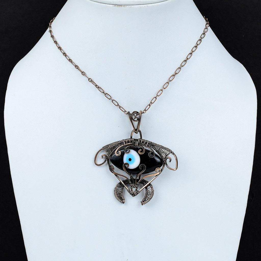 Подвеска с Глазом Фатимы черного цвета, обернутая медной проволокой, Подвеска с черепахой, Украшения из драгоценных камней, обернутые проволокой, Подвеска в стиле бохо ручной работы, Медные украшения