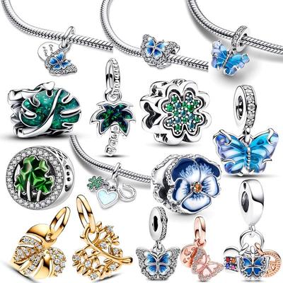 Подходит для браслета Pantaro Изысканный циркон Подарок 925 медь Синее муранское стекло Подвеска-шарм в виде бабочки Зеленые листья монстеры Пальма Бусины