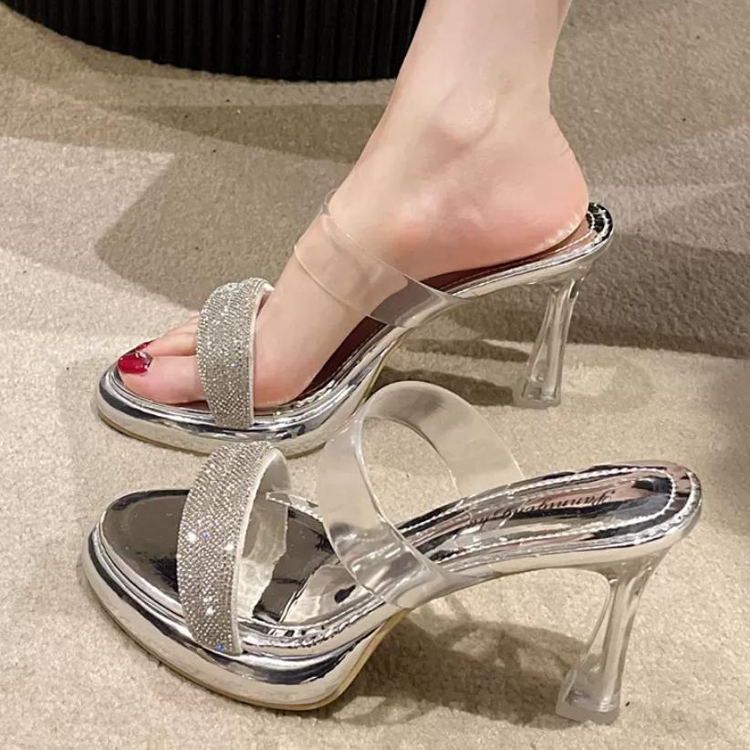 2024 летняя мода стразы серебристые массивные водонепроницаемые тапочки прозрачные сандалии с кристаллами высокие каблуки женские туфли-лодочки