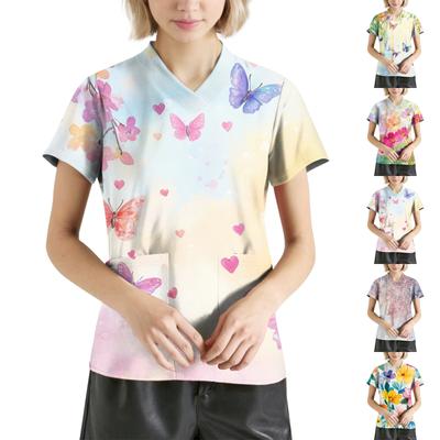 Женская мода с v-образным вырезом, короткими рукавами и карманами, топы с принтом