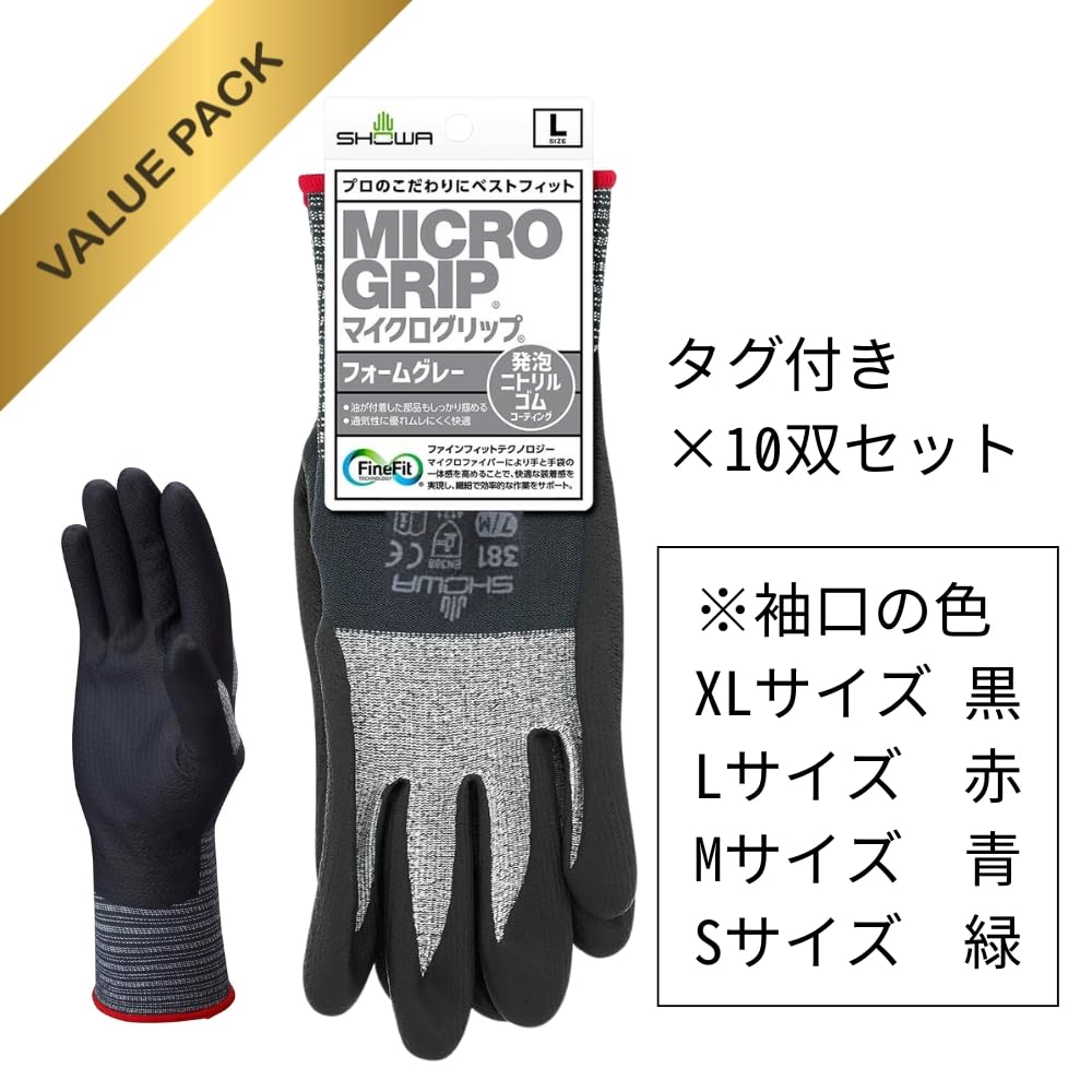 Перчатки Showa Glove MicroGrip 381 Work Gray set, без тыльной стороны, (с бирками), 10-парный (Размер M)