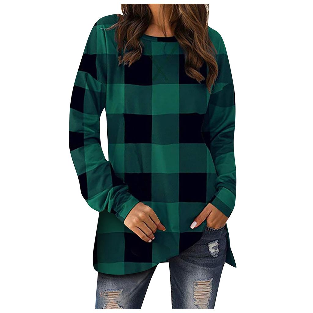 Women's Fashion Plaid Printed Hem Slit Long Sleeve Mid-Long T-shirt
