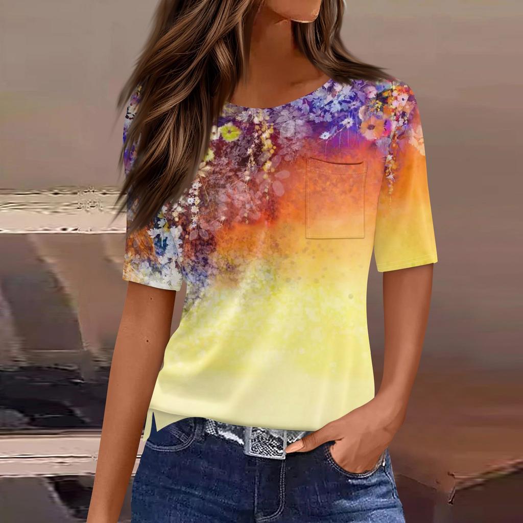 Футболки для женщин, плиссированные, с круглым вырезом, нарядные, повседневные, блузки с принтом, с коротким рукавом, летние топы, свободный крой