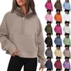 Women's Stand Collar Plus Fleece Solid Color Long Sleeve Pocket Loose Half Zip Pullover Hoodie Top
