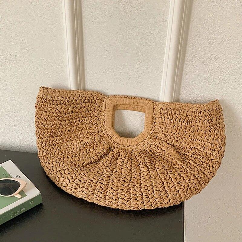 Summer Straw Women Half-moon Beach Handbag Rattan Handmade Handle Kintted Tote Bag