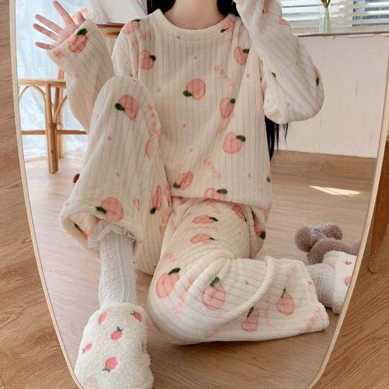 2 Pcs/Set Women Winter Pajamas Set Round Neck Cartoon Bear And Peach Pattern Long