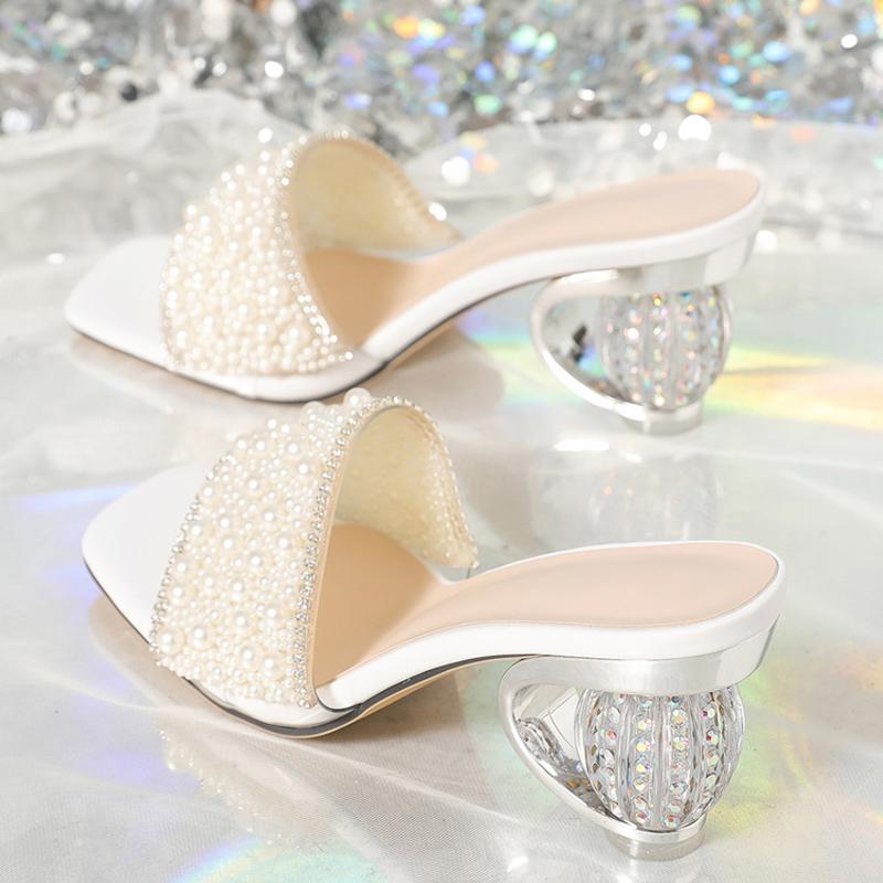 Liyke летние тапочки женские белые жемчужные украшения прозрачные странные толстые каблуки гладиаторские сандалии женские шлепанцы размер 42