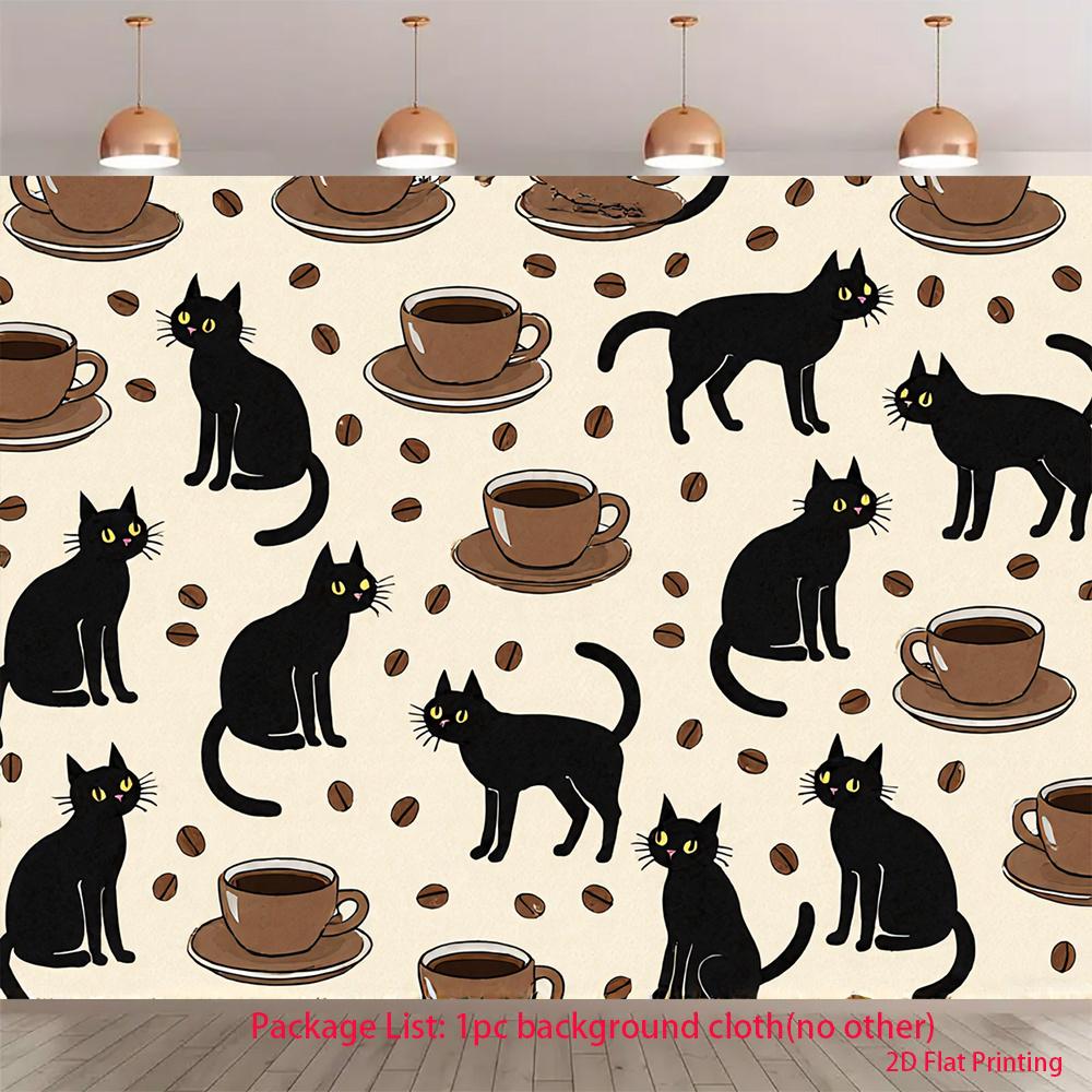 2D flat design, 1 piece with a black cat coffee cup pattern, suitable for party photography and indoor/outdoor scenes