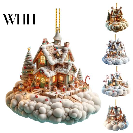 Holiday House Hanging Decor Christmas Pendant Acrylic 2D Flat Ornament Mini Snow-covered Cabin Cartoon Decoration for Tree Mantel Car Charming
