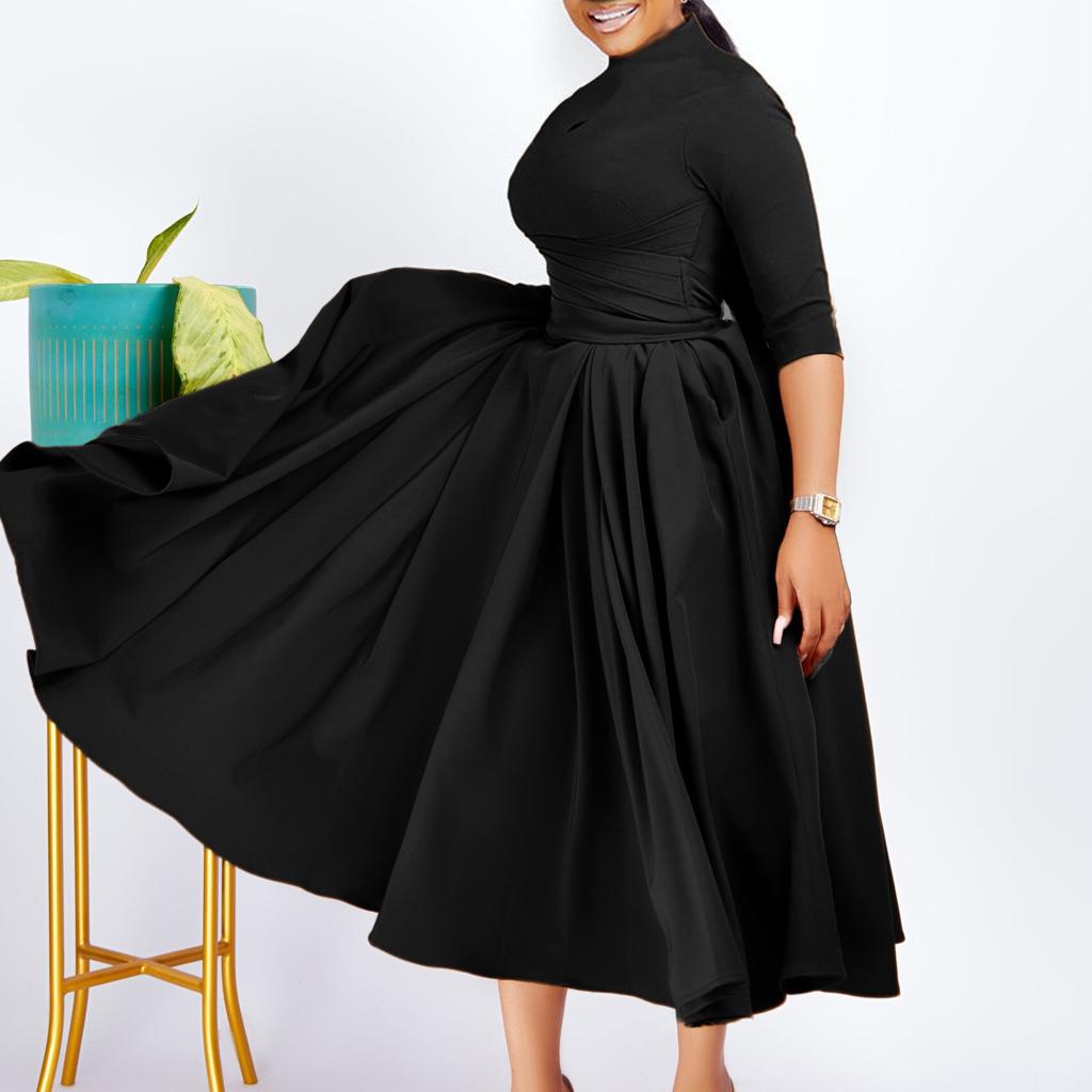 Elegant Dresses O Neck Long Sleeve Autumn Winter Belt Waisted Pleated High Quality Party Dress
