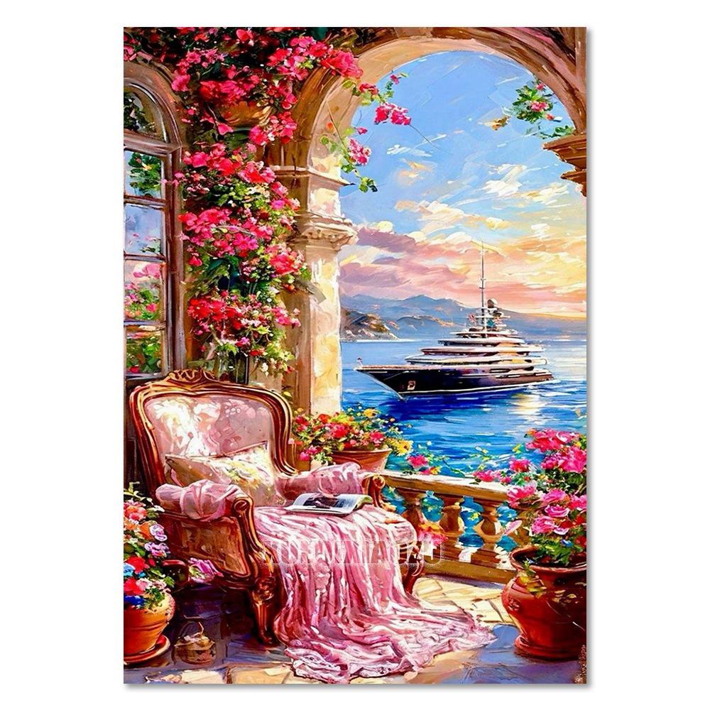 Морской парусник 5D Набор для алмазной живописи Вид на горы Цветочный дом Мозаика Вышивка крестом Сделай сам Домашний декор Подарок для взрослых начинающих