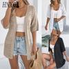 Spring and Summer Casual Solid Color Cut-out Mid-sleeved Knitted Sweater Vacation Cardigan Women's Wear