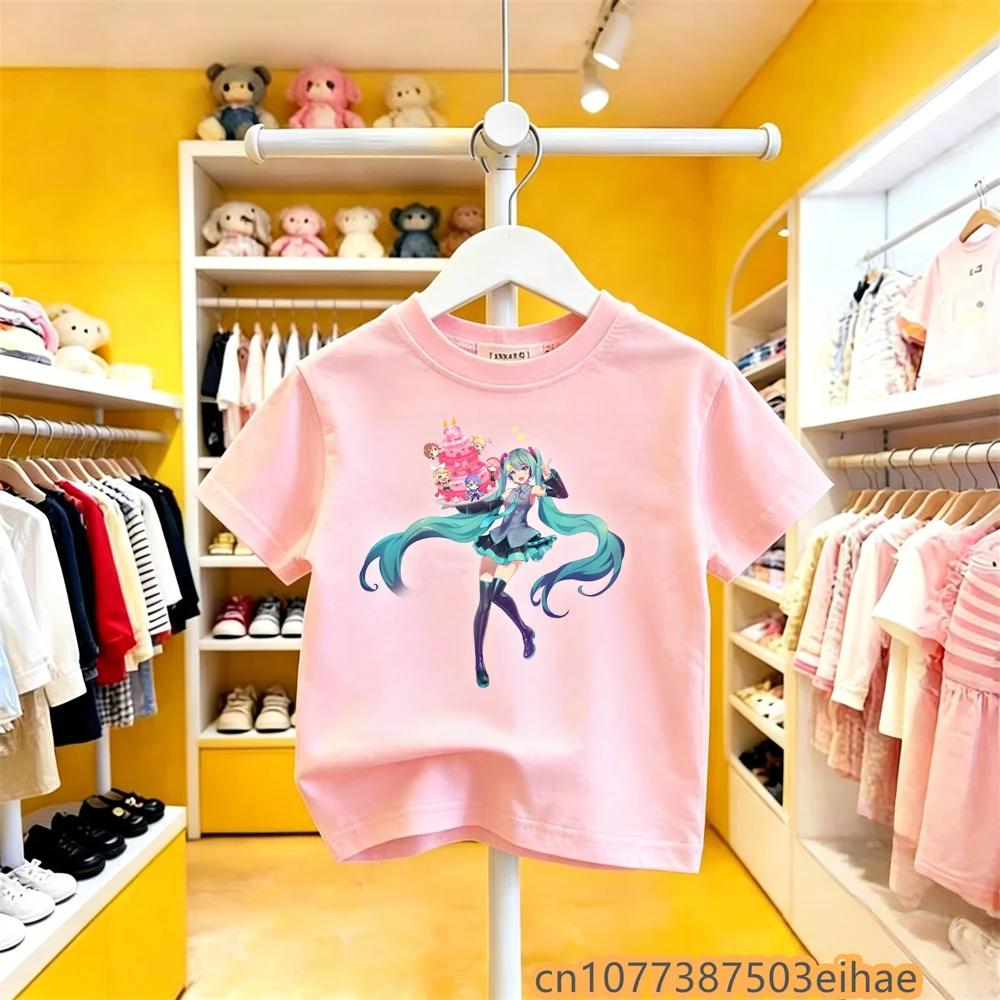 Hatsune Miku Anime Future Peripheral Cartoon Printed Pure Cotton COS Collaboration Casual Tshirt Leisure Wear for Boys Girls