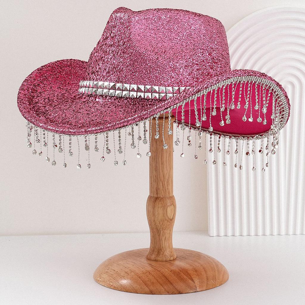Shimmering Rhinestones Fringed Hat for Women Men Musical Festival Fedoras Hat with Large Glittering Powder for Parties