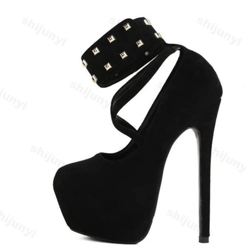 Fashion Women High Heel Fashion Metal Rivets Ankle Strap Platform Pumps Sandals Women Wedding Party Sexy Platform Stripper Design Shoes