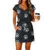 Women's Summer V-Neck Casual Short Sleeve Drawstring With Pocket Vintage Floral Dresses