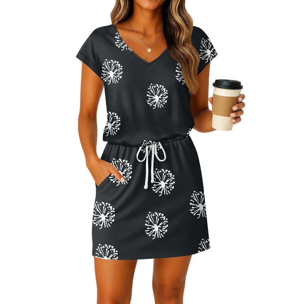 Women's Summer V-Neck Casual Short Sleeve Drawstring With Pocket Vintage Floral Dresses