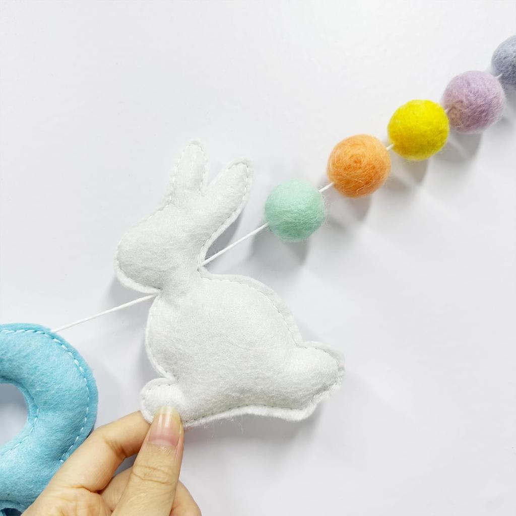 Easter Decorations Pre-Strung Felt Pastel Happy Easter Sign Bunny Banner Wool Felt Ball Garland for Happy Easter Spring Nursery Classroom Home Wall