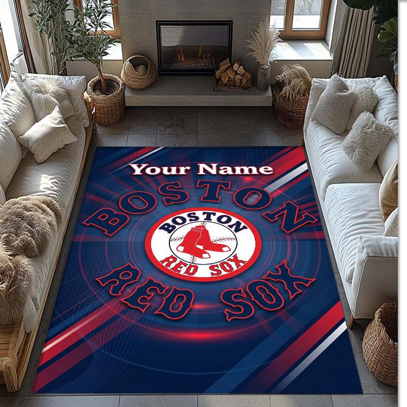 Boston Red Sox Crystal Velvet Rug, Custom Name Text Personalized Non‑Slip Floor Mat for Home Decor Gift