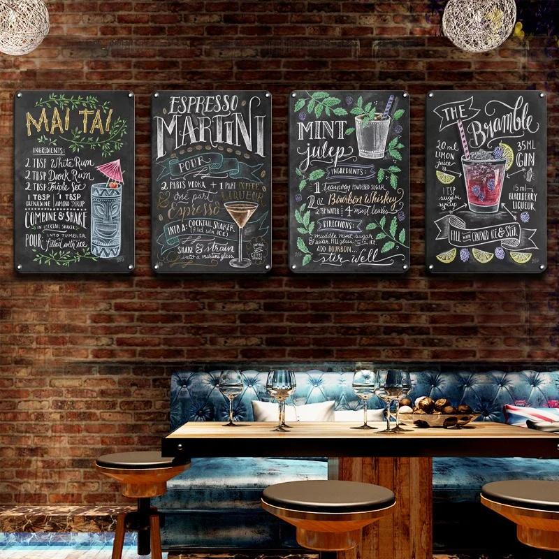 Hisun Tin Sign Vintage Assorted Cocktail Recipe Chalkboard Style Tin Sign Set Retro Aperol Spritz Gin Tonic Bloody Mary Metal Wall Art Rustic