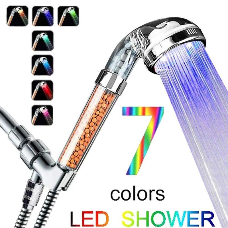 High-Pressure Colorful Led Negative Ionic Filter Handheld Shower Head Bathroom Tool Automatic Discoloration Practical