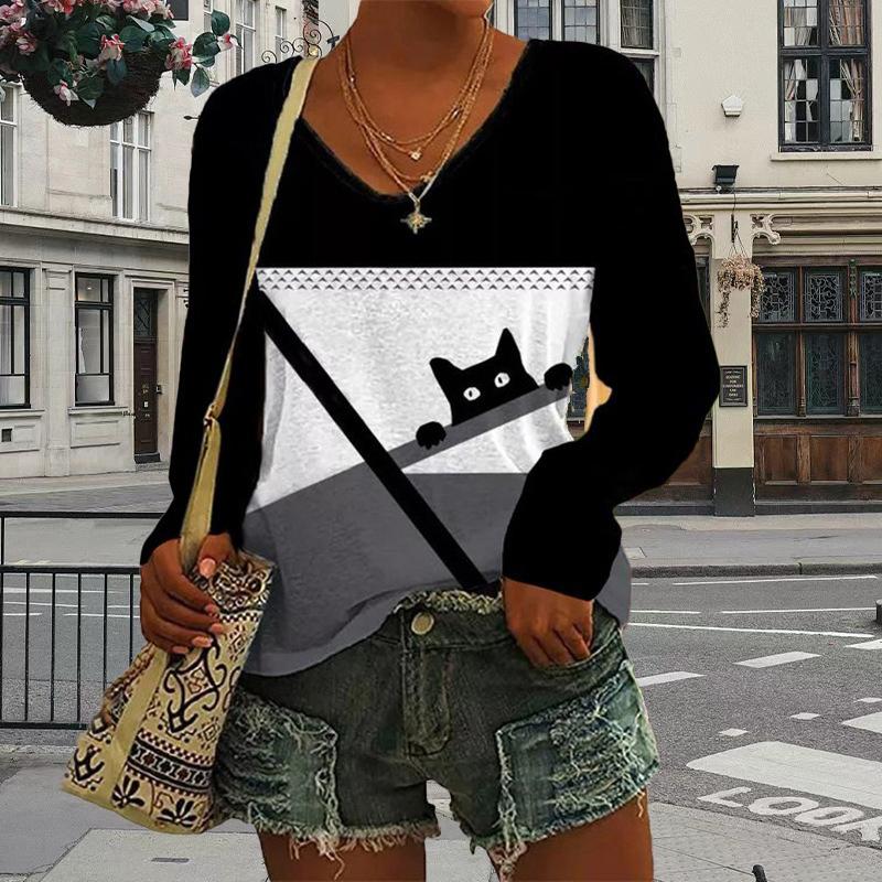 Black Cat Print Women Tshirts Ladies Tops Long Sleeve V-neck Pullover Femme T-shirts T Shirt For Women