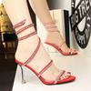 New 2025 Women Summer Thin High Heel Rhinestone Snake Wrap Sandals Party Pumps Wedding Fashion Luxury Designer Single Shoes
