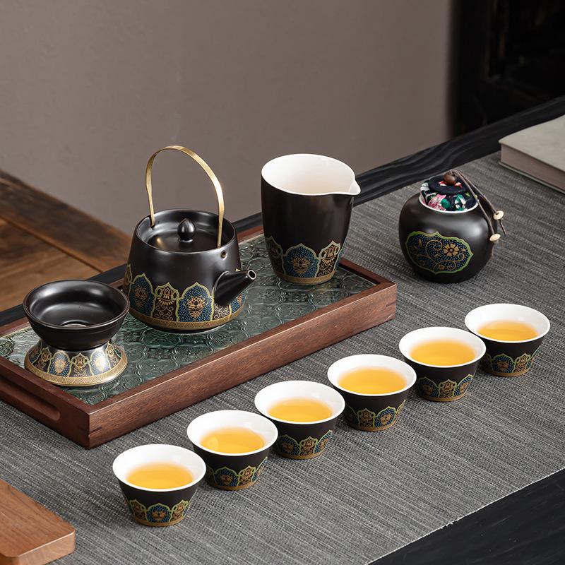 High-end tea set Black ancient rhyme lifting beam pot set Household tea making Kung Fu tea set Light luxury ceramic teapot gift