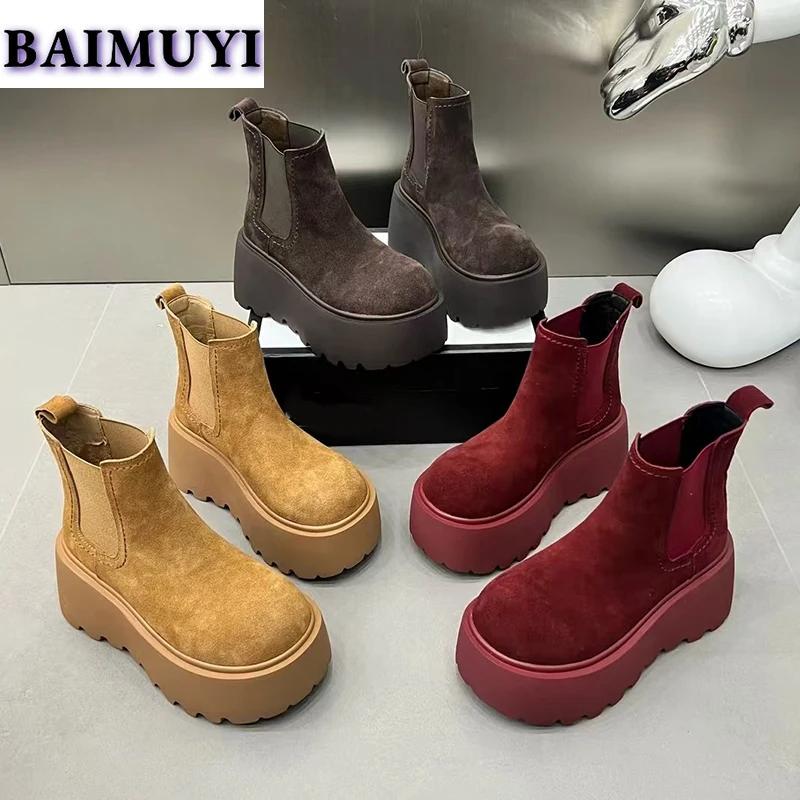 Ботильоны на платформе, женские замшевые туфли, брендовые повседневные ботинки челси, тренд 2024 года, высокие каблуки, зимние хлопковые удобные готические ботинки Mujer